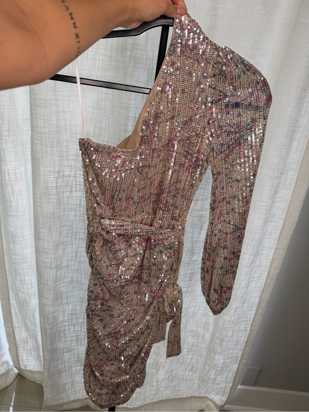 One-Shoulder Sequin Mini Dress in Beige Pink